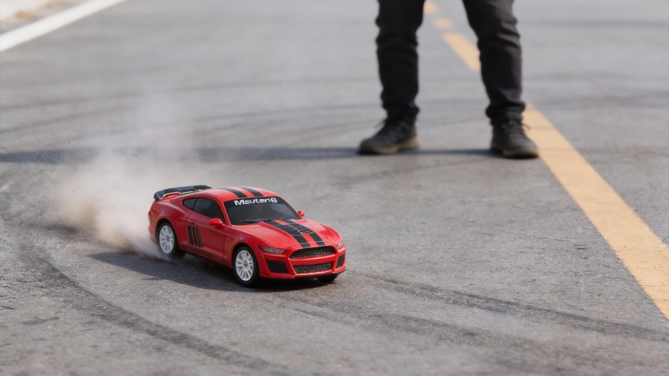 A person is controlling a red WLtoys RC car